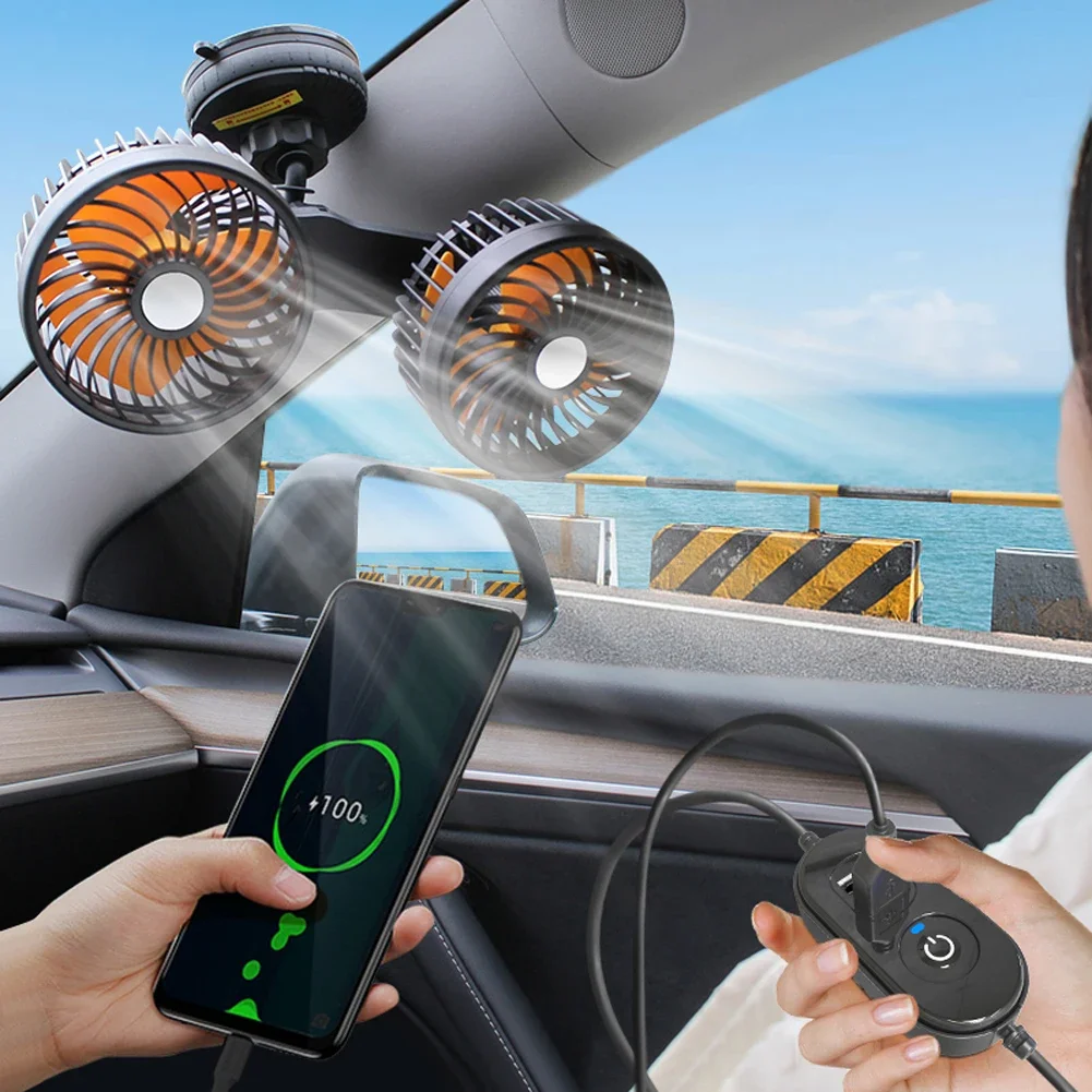 Car Cooling Fan USB Charging Auto Ventilation Fan Dual Head Electric Car Cooler 360 Degree Rotation Three Gears for Vehicle SUV