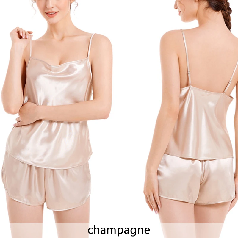 Satin Pamas Set For Women Adjustable Pyjamas Nightwear Sleepwear Sleeveless Sexy Casual SA1389_voghion.com