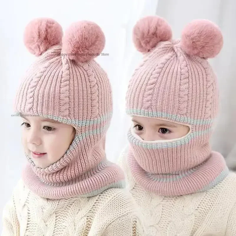 Knit Hat Baby Hat 2-5Y Winter Baby Hat Scarf One-Piece Pompom Knit Hat for Kids Warm Neck Ball Cap for Girls Boys Windproof Beanies Infant Cap