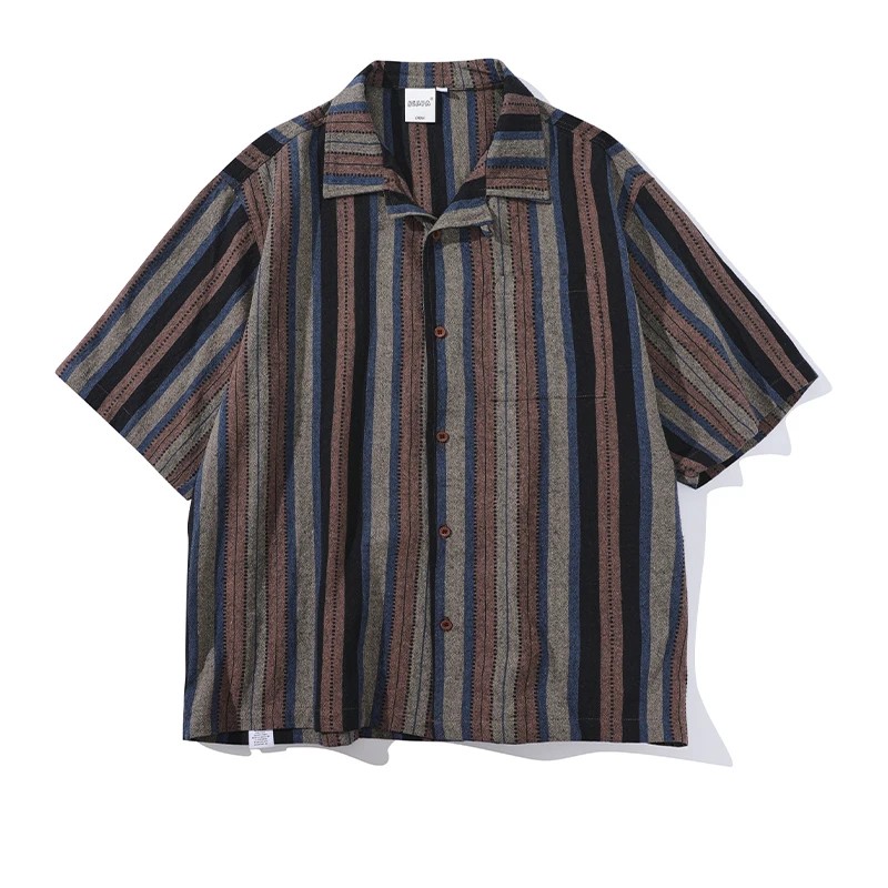 Summer Men Cuban Collar Vintage Cityboy Japanese Streetwear Loose Casual Oversize Short Sleeve Stripe Shirts Man Blouses 2