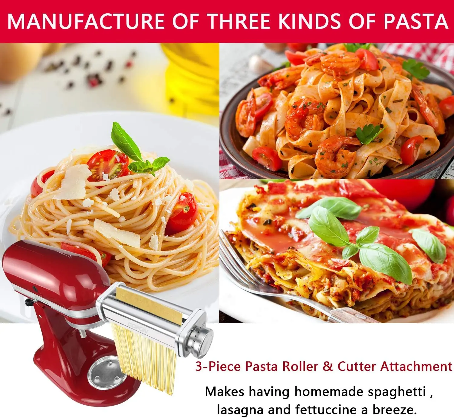 InnoMoon Accesorio de pasta para batidora de pie KitchenAid, juego de 3  rodillos de pasta y cortador incluido rodillo de hojas de pasta, cortador  de
