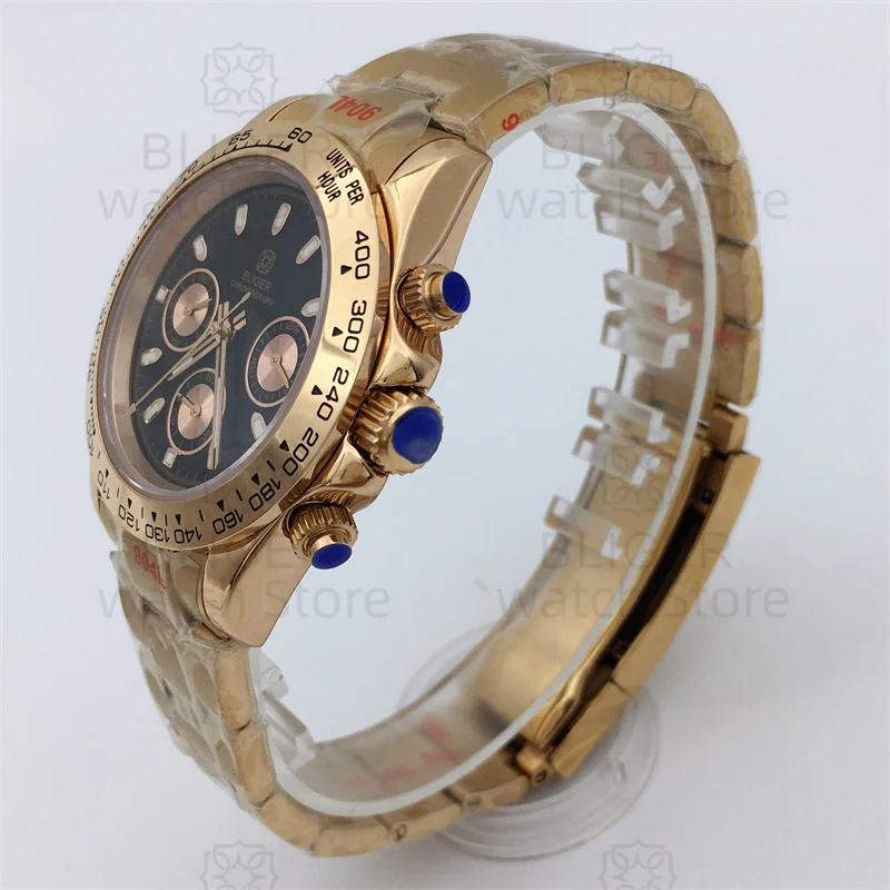 BLIGER Luxury Fashion Rose Gold Quartz Chronograph Business 39mm Sapphire Crystal Men's Watch VK63 Movement Luminous Black Dial