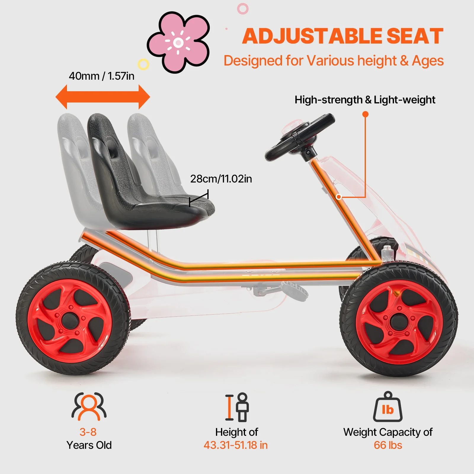66lbs Kid Pedal Go Kart 4 Wheel Off-Road Pedal Ride On Toys with Adjustable Seat 4