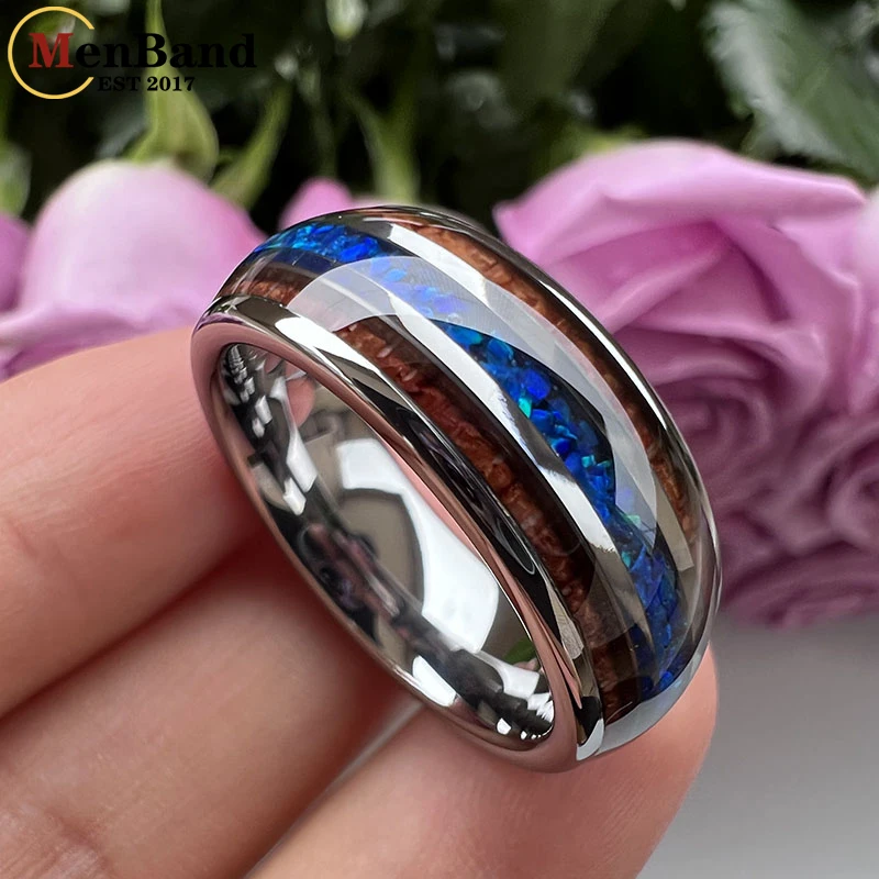 MenBand Fashion 8MM Men Women Black Tungsten Carbide Wedding Ring Blue Opal And Koa Wood Inlay Dome Polished Comfort Fit