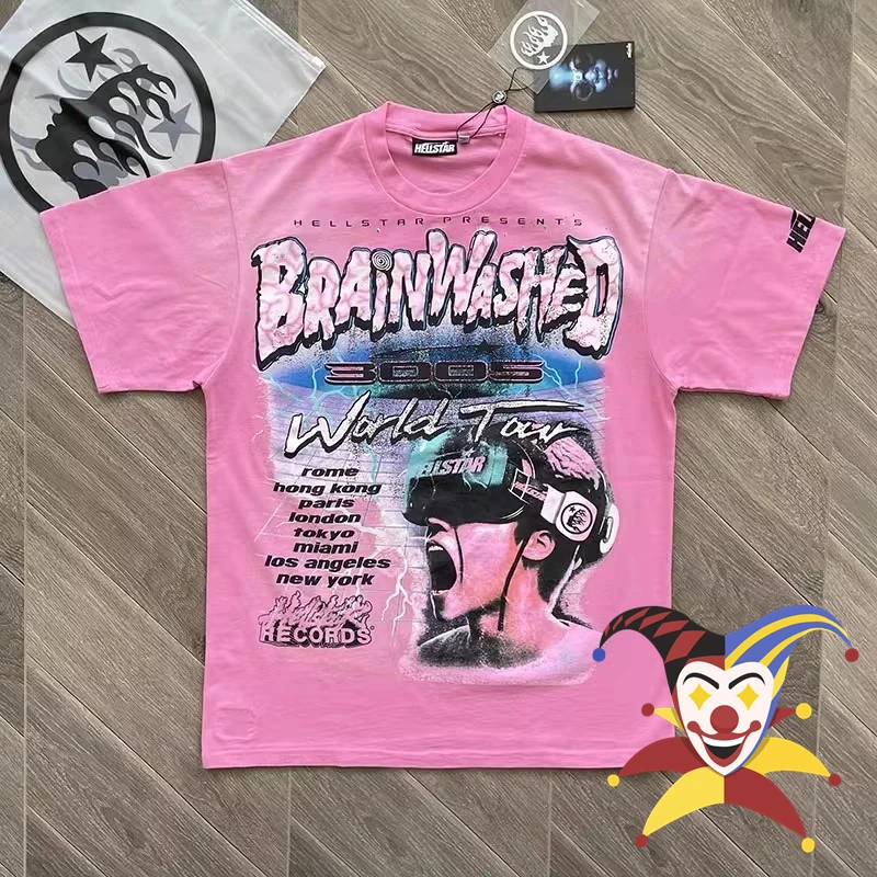 

Brainwashed World Tour Hellstar Studios Washed Tie Dyed T-Shirt Men Women Pink Casual Top Tees T Shirt