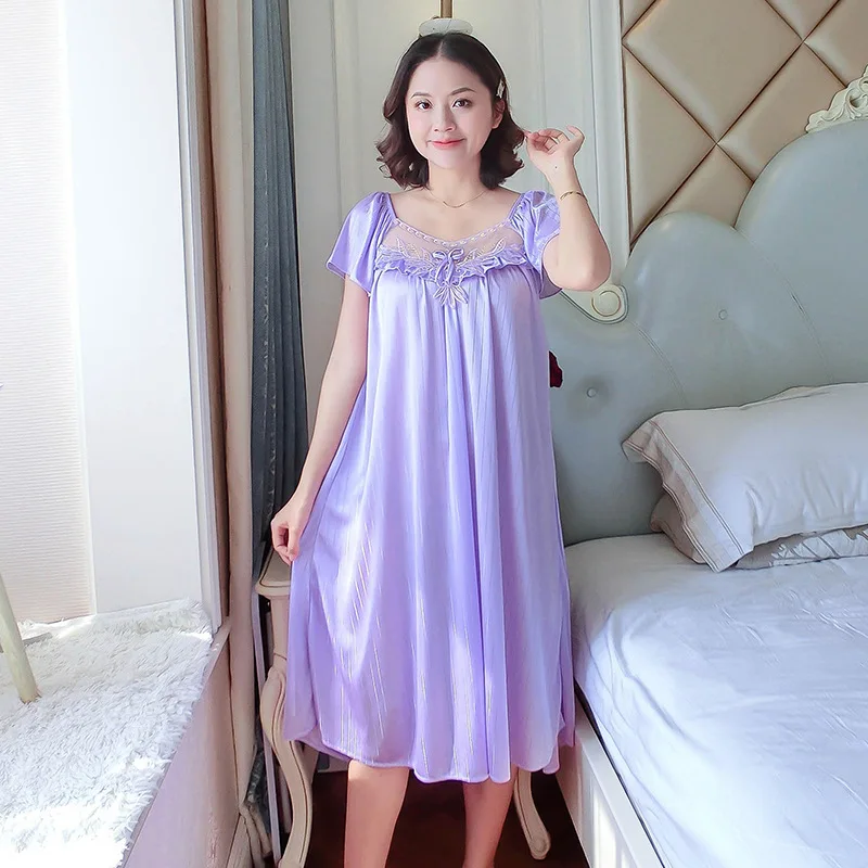 Ladies Nightdress Sexy Ice Lace Large Size Solid Color Flower Pajamas Thin Short-sleeved Lace Skirt Night Dress Women Dress