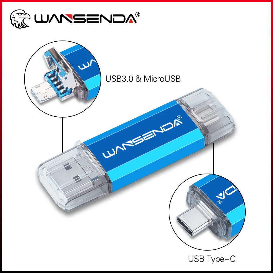 Memoria USB 3.0 OTG 3 EN 1 WANSENDA / TIPO C / Pendrive MicroUSB de 32 GB, Memory Stick 3.0, 64 GB, 128 GB, 256 GB, 512 GB