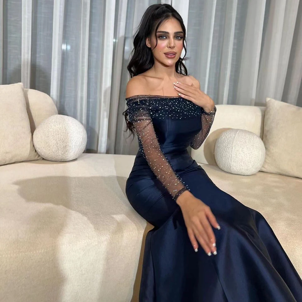 Elegantes Marineblaues Meerjungfrau-Glitzer-Abendkleid mit Langen Ärmeln 2026 Schulterfreies Satin-Knöchellanges Damen-Party- und Ballkleid – Detail 5