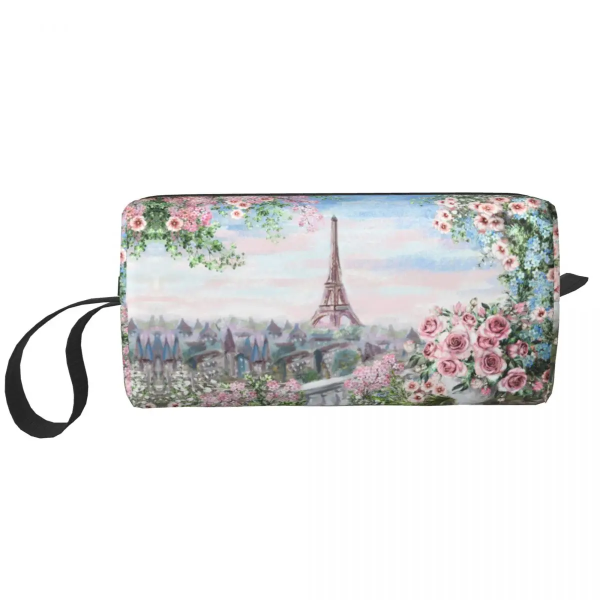 

Oil Painting France Paris Eiffel Tower Cosmetic Bag for Women Makeup Bags Watercolor Modern Art Flower Rose Travel Water Resista