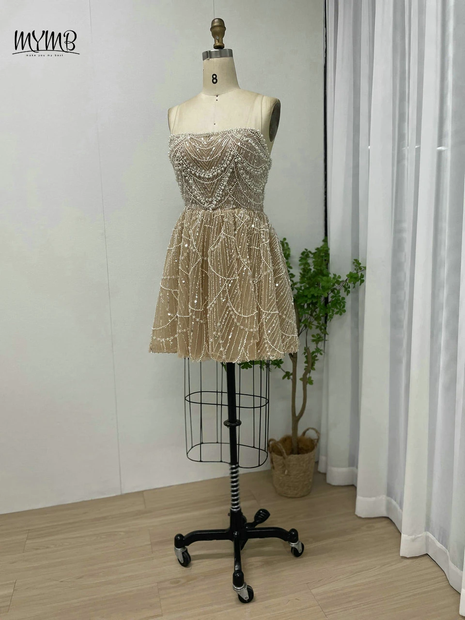 MYMB Champagnerfarbenes, trägerloses, wunderschönes Mini-Abendkleid für besondere Anlässe, glitzerndes, perlenbesetztes, kurzes Cocktailpartykleid in A-Linie MY30105 – Detail 9