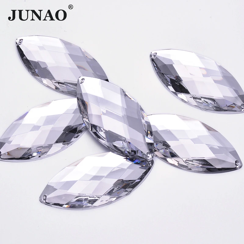JUNAO 30*62mm Sew On Large Crystal AB Rhinestone Sewing Horse Eye Acrylic Stones Appliques Flat Back Strass Diamond