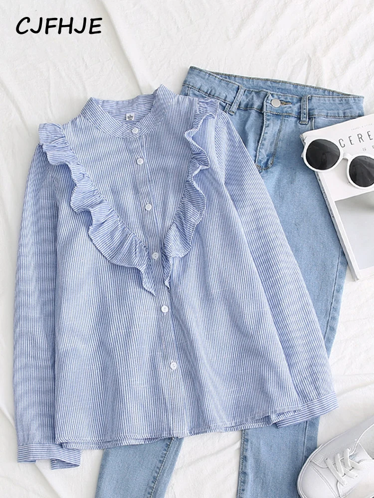 

CJFHJE Новинка, осенняя Женская винтажная хлопковая рубашка с воротником-стойкой, свободная блузка с оборками и длинным рукавом, повседневная офисная одежда, базовая весенняя одежда