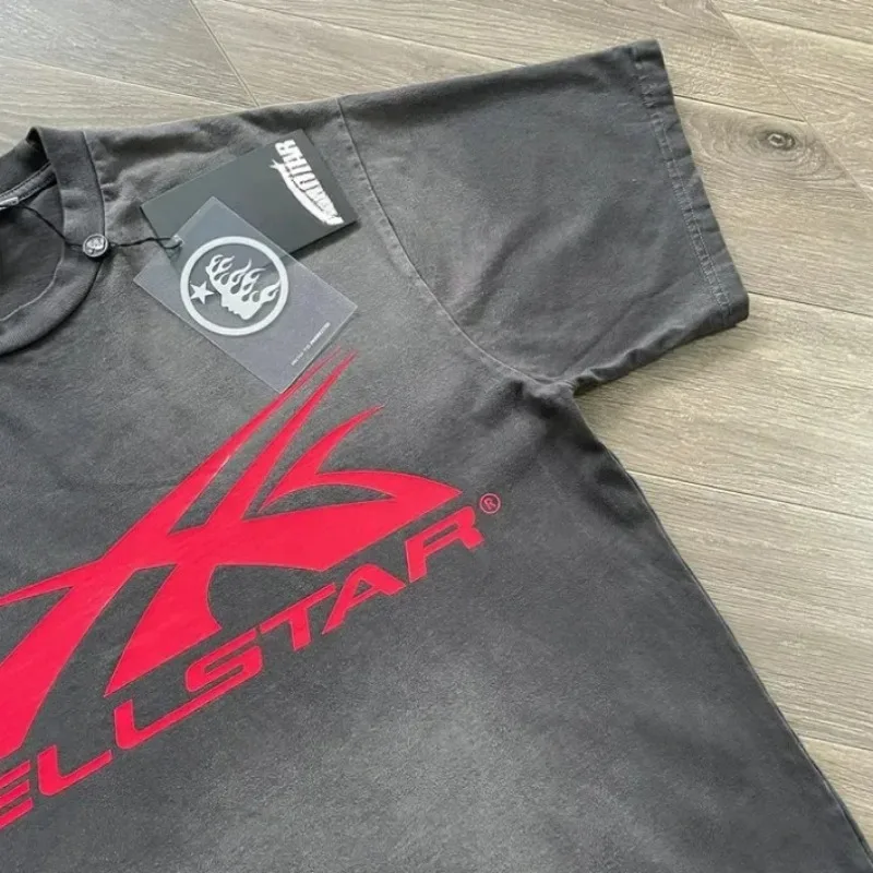 

24ss потертые серые футболки с принтом логотипа для мужчин и женщин 1:1 Высококачественная футболка оверсайз из чистого хлопка с принтом Hell Star