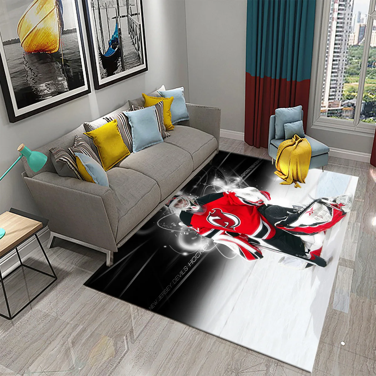 Ice Hockey Theme Carpet Winter Ball Sport for Living Room Bedroom Dining Bathroom Door Entrance Non-Slip Area Rug for Home Decor