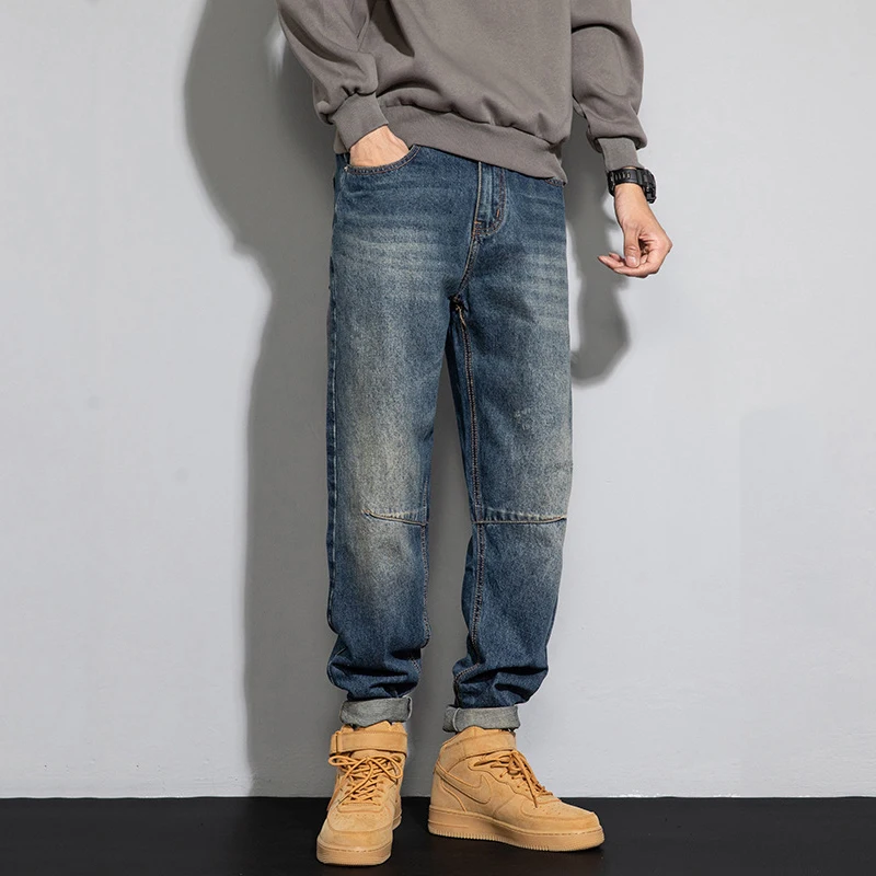

Vintage High Quality Retro Jeans Denim Pants Fashion Knee Desinger Loose fit Moto Jeans Men Streetwear Washed Straight Jeans