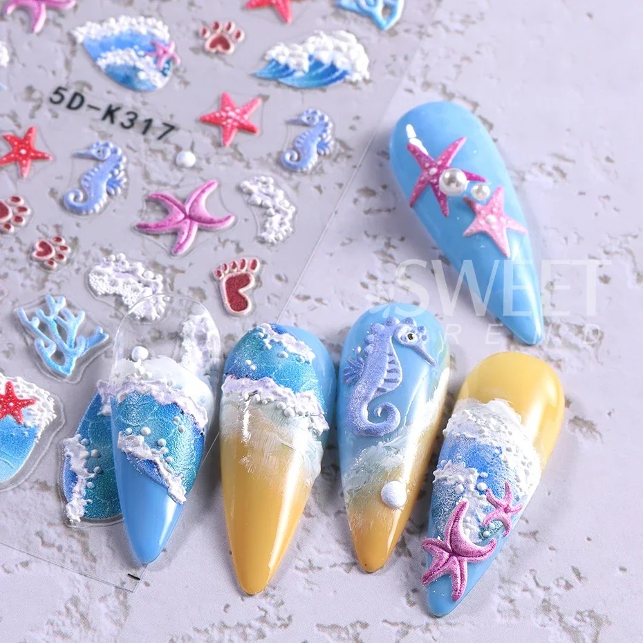5D Summer Beach Nail Stickers Wave Shell Nail Decal Ocean Starfish Wave Nail Design Self-adhesive Nail Art Supplies Decoration