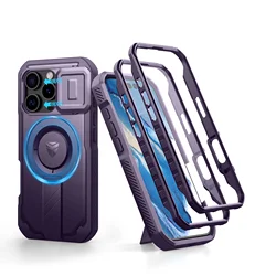 MagSafe Rugged Armor Shockproof Case with Sliding Camera Cover and Screen Protector Holder (Phantom Purple)