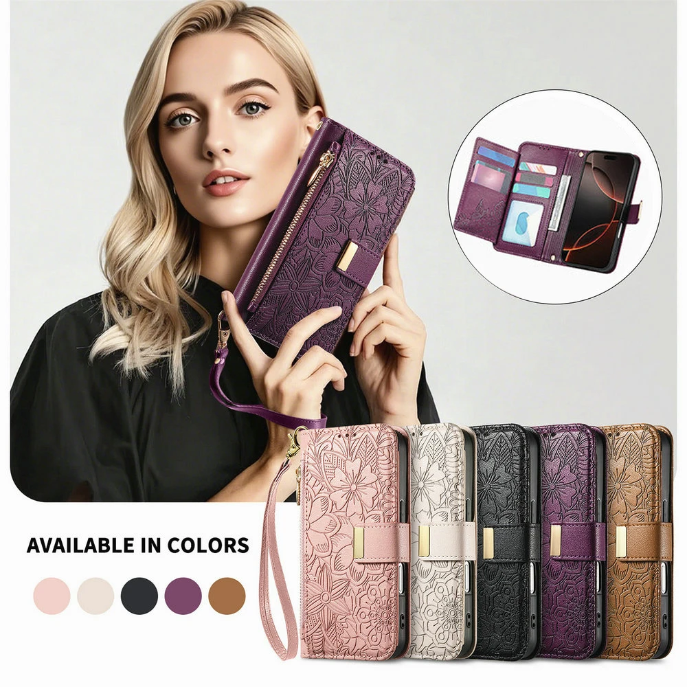 Luxury Leather Zipper Wallet Case with Magnetic Book Cover and 6-Card Slots