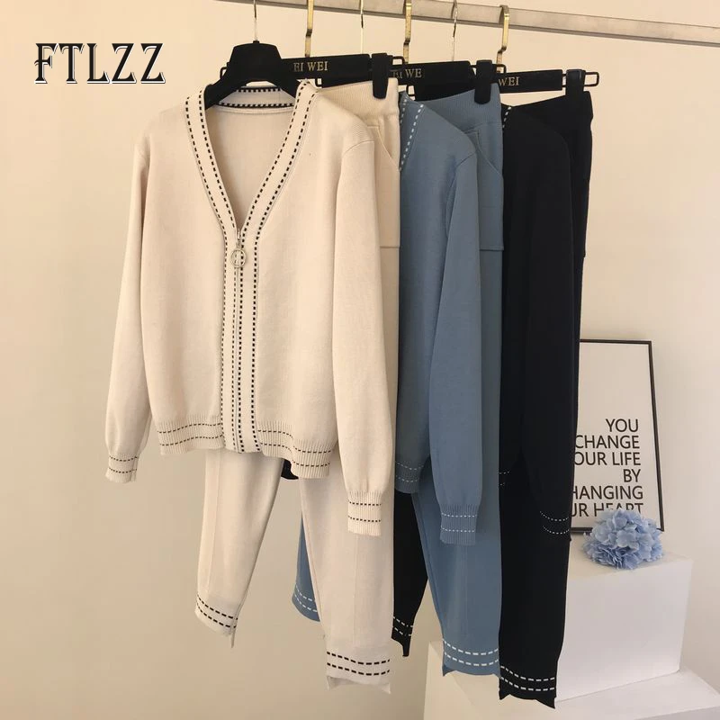 lounge wear Women 2 Piece Set Spring Autumn Womens Clothing Fashion V Neck Zipper Sweater And Slim Pants Knitted Two Piece Outfit Femme coord sets women