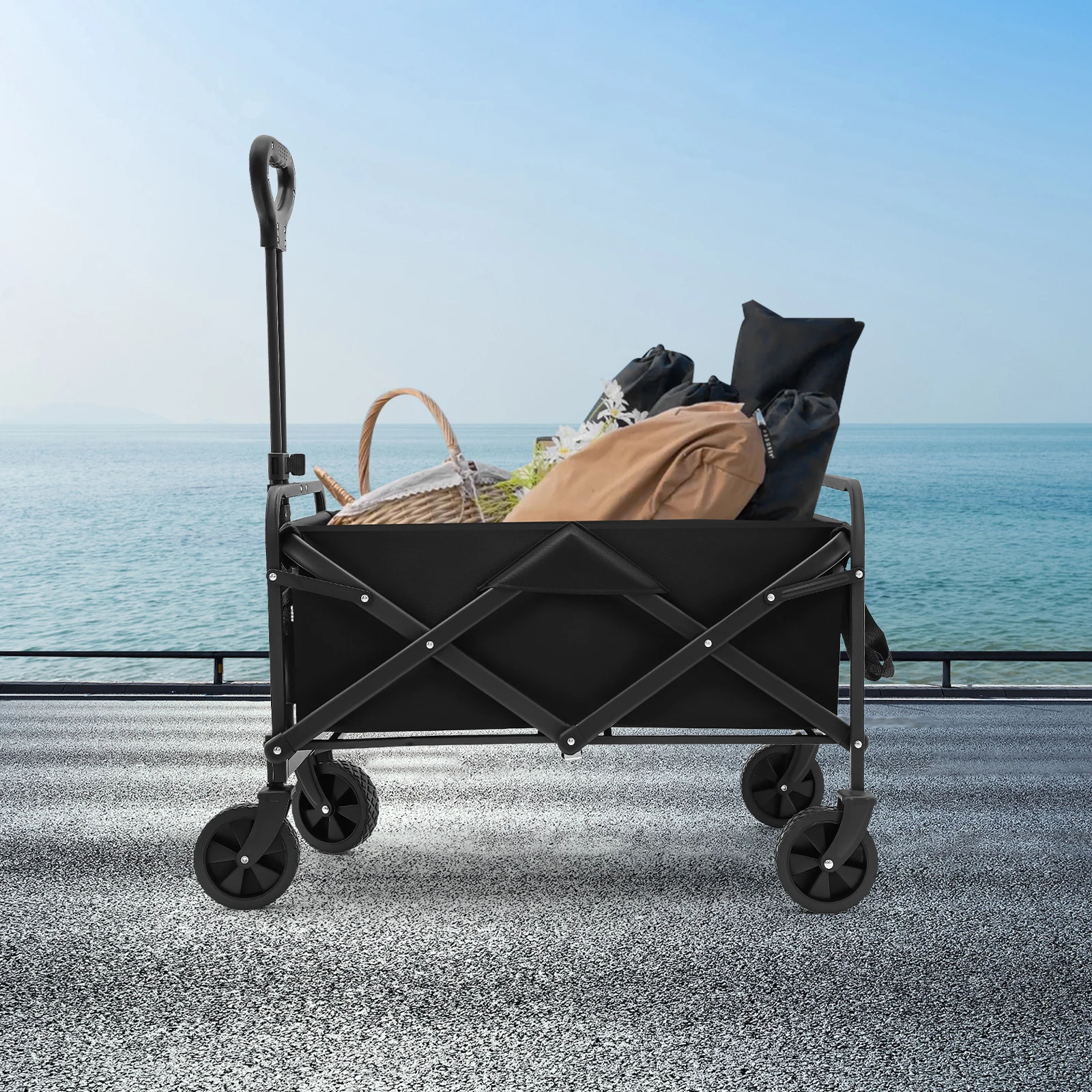 Schwarzer kleiner 5-Zoll-Gummirad-Klappwagen, Mehrzweckwagen, Strandwagen mit 5-Zoll-Gummirädern, Camping für Outdoor-Aktivitäten usw – Detail 36