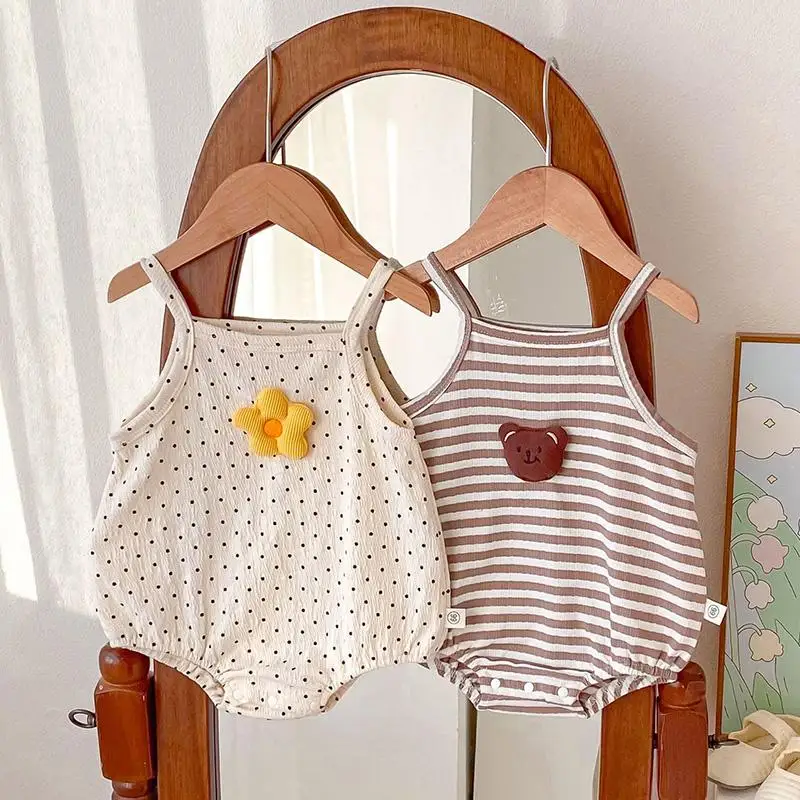 

Summer Baby Sling Jumpsuit for Boys Girls Cute Flower Bear Striped Newborn Romper Cotton Infant Clothes Korean Toddler Onesies