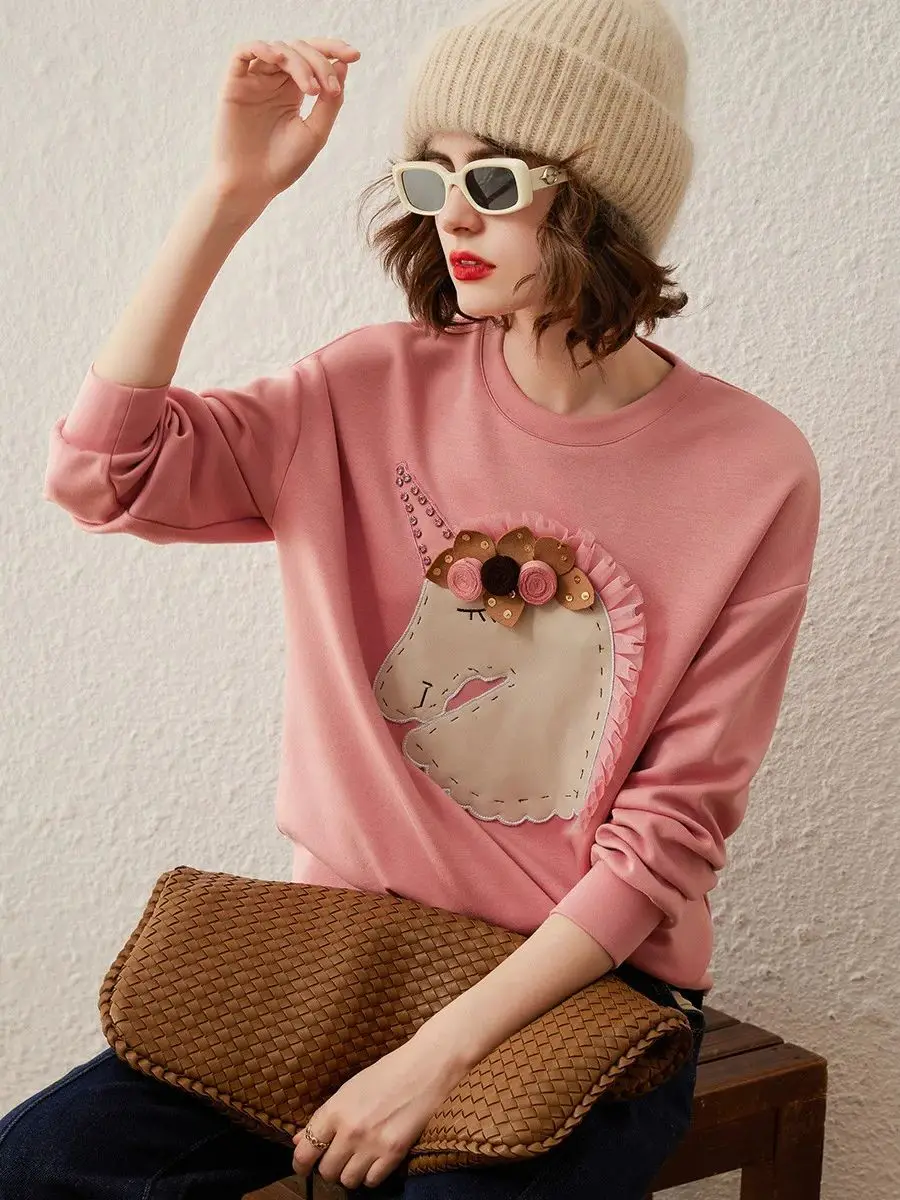 LOUIS YAO Women's Hoodies 2023 Autumn Long Sleeve O-Neck Round Neck Drop-shoulder Loose Unicorn Patch Embroidery Basic Tops