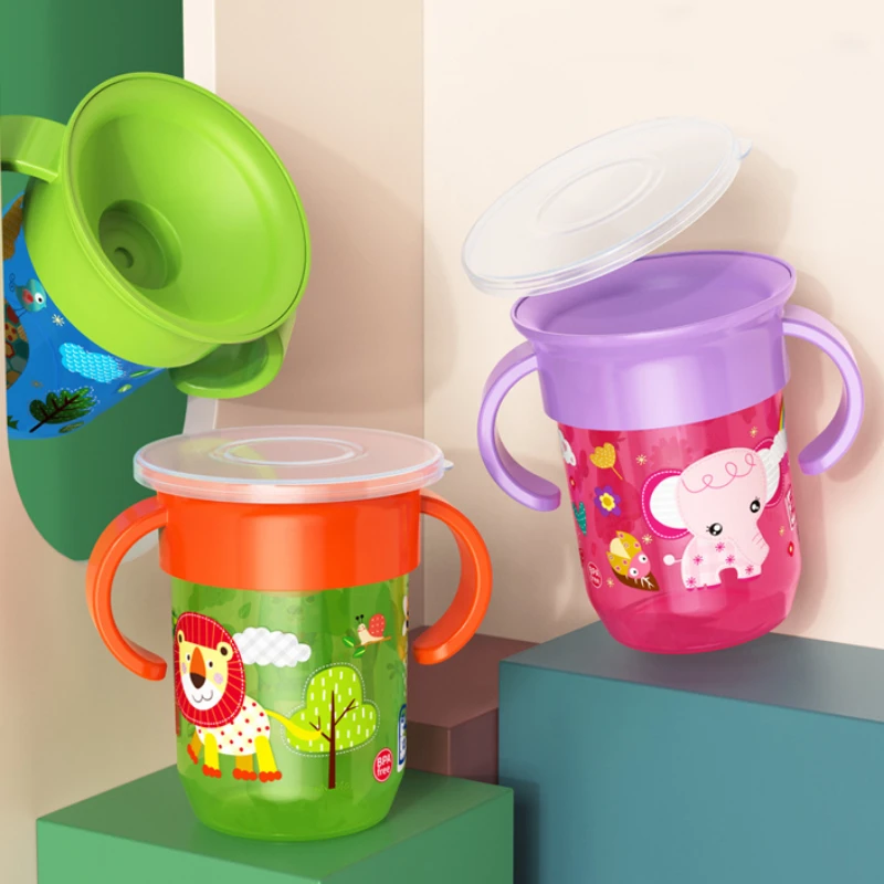 Drinking Cup Water Cup Feeding Cup 360 Rotated Cartoon Baby Learning Drinking Cup with Double Handle Flip Lid Leakproof Infants Water Cups Bottle BPA Free