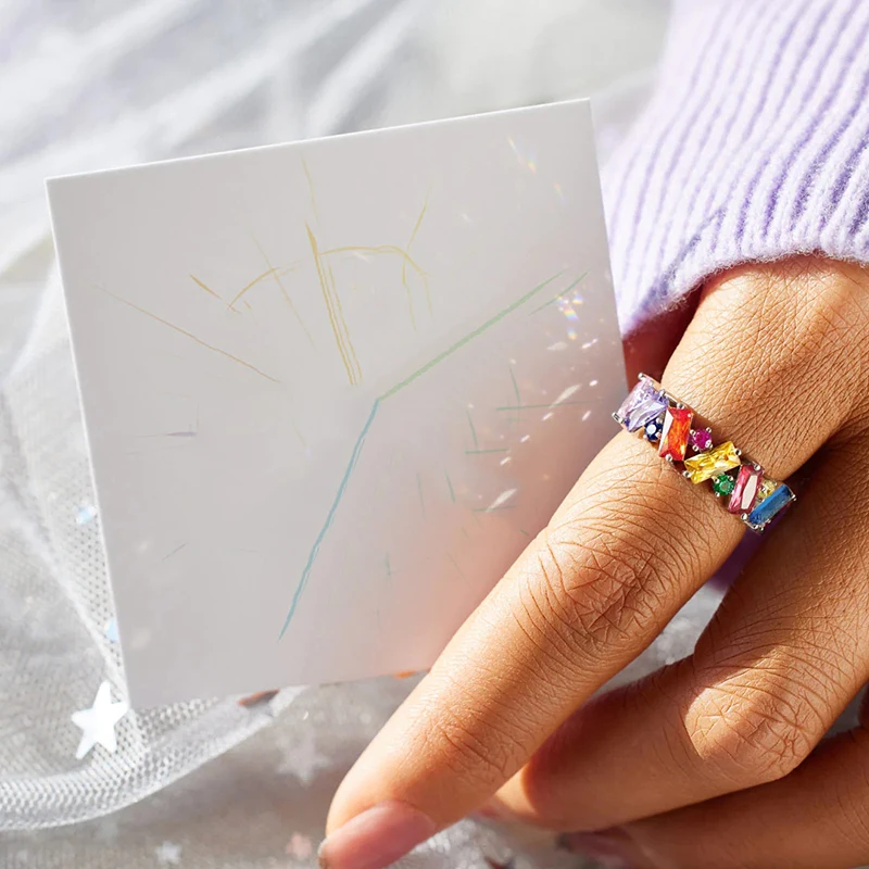 Huitan Irregualr Design Colorful CZ Women Rings Gold Color/Silver Color Geometric CZ Rainbow Rings Luxury Trendy Jewelry
