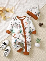 Barboteuse d'hiver pour nouveau-né garçon, imprimé ours, manches longues, boutonnée sur le devant, une pièce, vêtements doux à la mode pour bébé 6