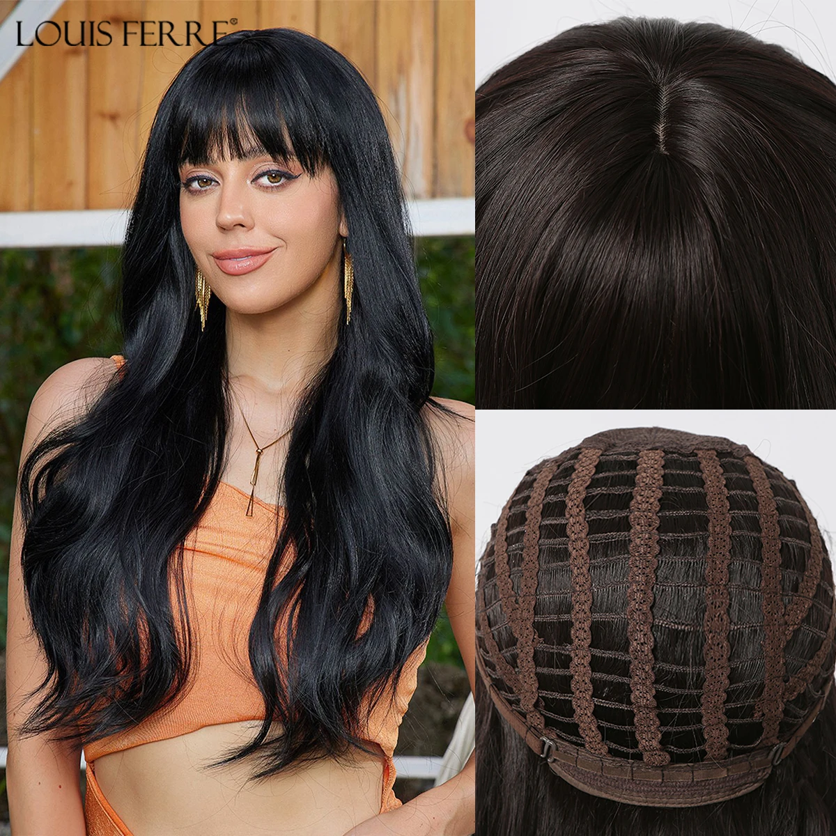 Louis Ferre Parrucche Nere A Onde Lunghe Con Frangia Per Le Donne Parrucca Sintetica Naturale Festa Quotidiana Capelli Dall'Aspetto Naturale Resistent