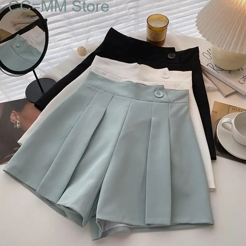 New Elegant Suits Shorts for Women High Waisted Solid Folds Chic Shorts Summer Korean Office Ladies Casual Shorts