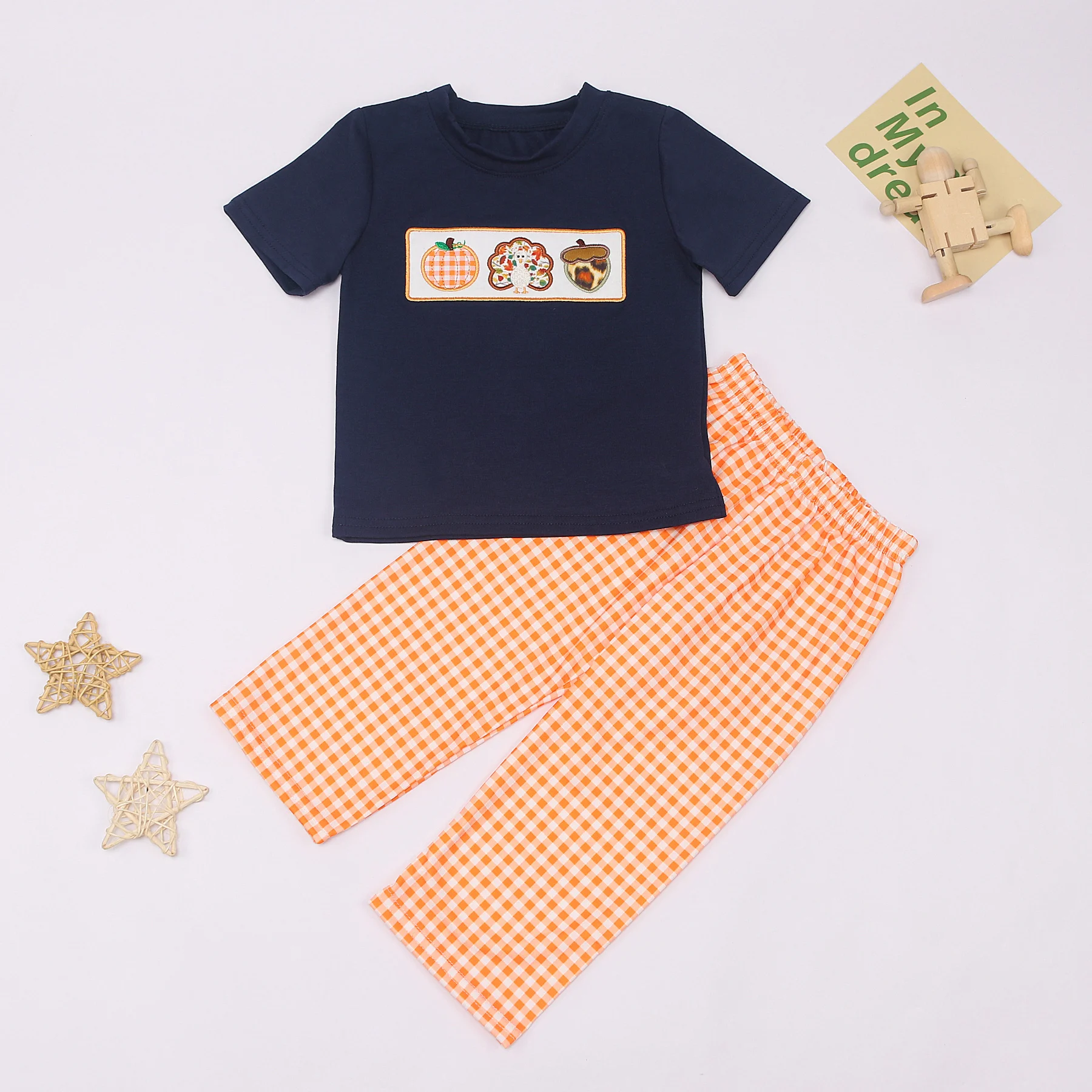 

Two Pieces Boys Clothing Sets Autumn Crew Neck Navy Blue Short Sleeve Top And Orange Pants 100% Cotton Clothes Suit Outfits 2-8T