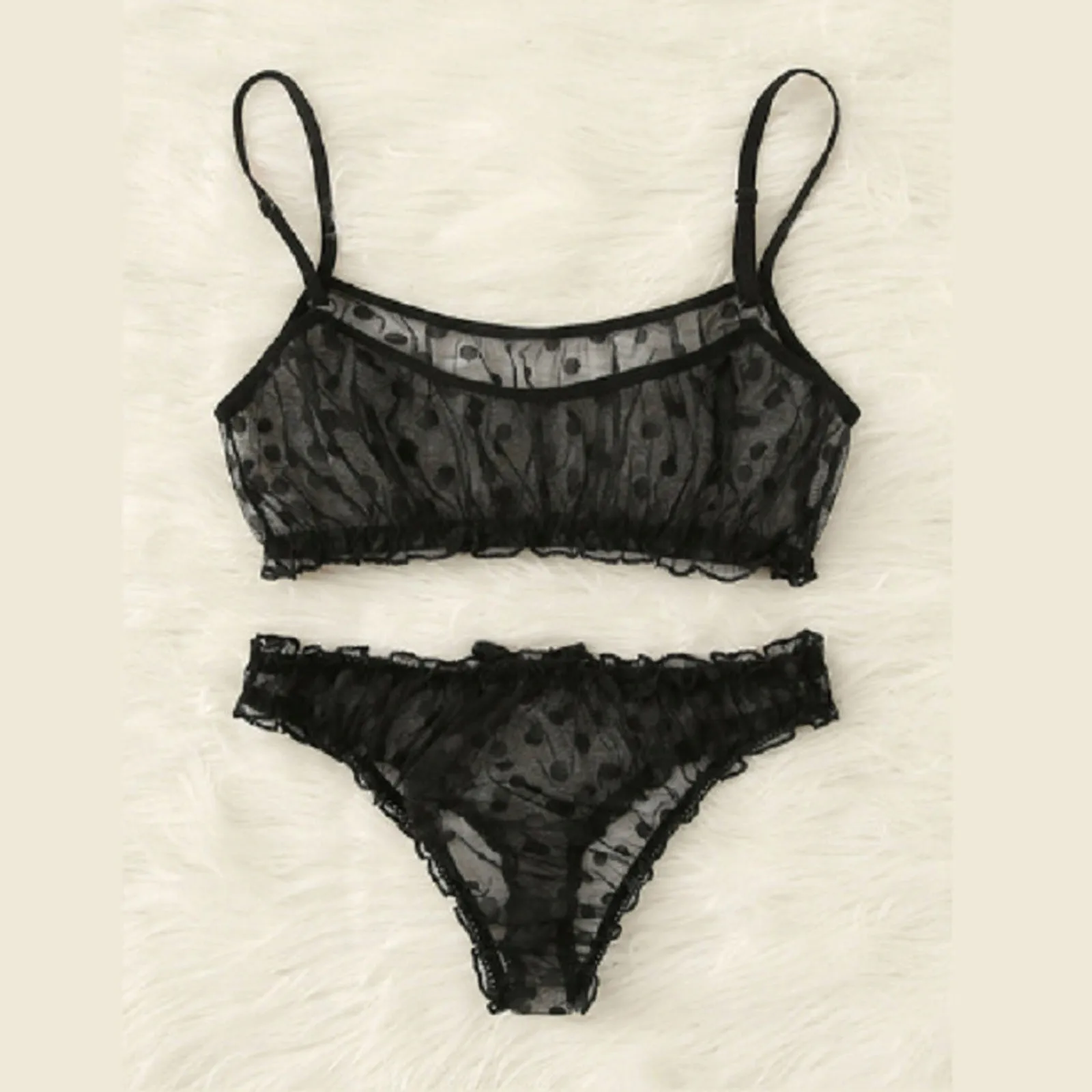 2022 Set di lingerie sexy Reggiseno e mutandine in pizzo con stampa a pois Set di reggiseno intimo donna con volant trasparenti See Through_voghion.com