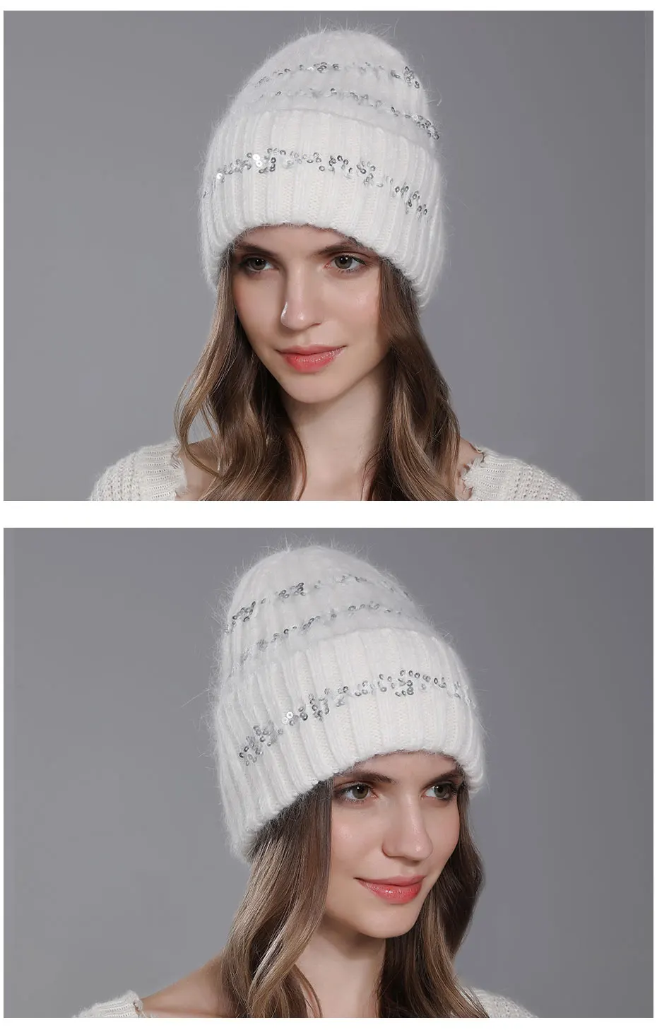 CNTANG Modische Mütze mit runden Pailletten, warme Wintermütze, Angora-Kaninchenfellmütze für Damen, gestrickte Damenmütze, hochwertige Kappe, Y2K-Stil. – Detail 7