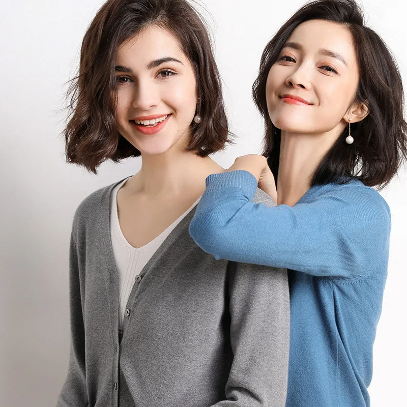 

Long-Sleeved V-neck Cardigan for Women, Casual Straight Sweater, Basic Style, New Korean Fashion, 2022 Autumn
