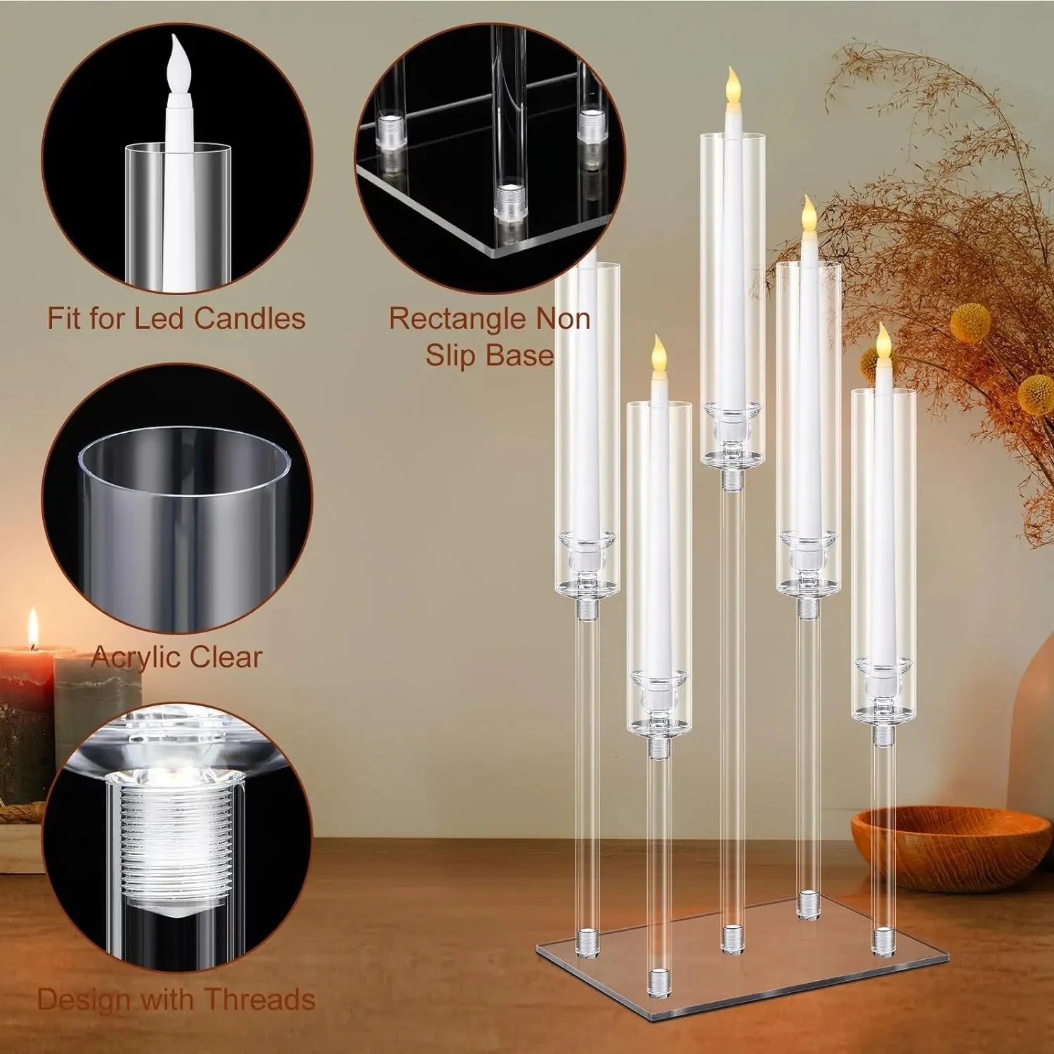 Clear Acrylic Candle Holder with Rectangular Base, Candelabra Centerpieces, Taper Candlestick, 2-10Pcs