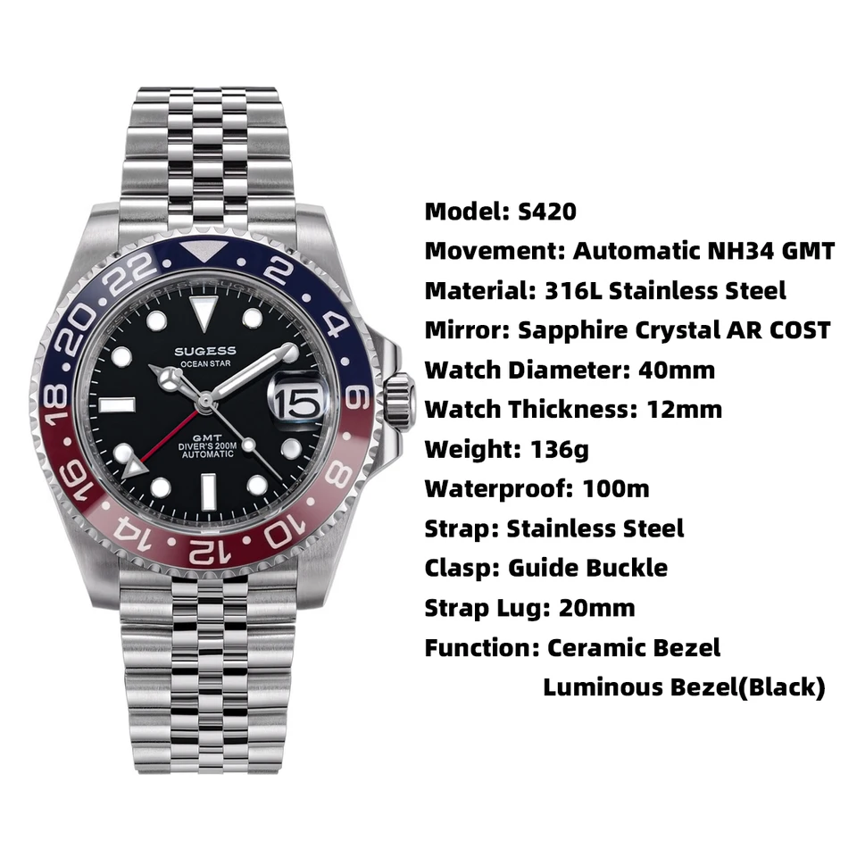 Sugess GMT Diving Watch of Men Automatic Mechanical