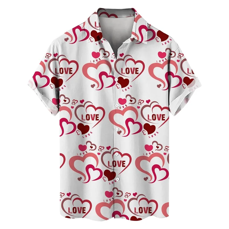 thumbnail image 1 of Camisetas de manga corta para hombre, con estampado 3D de amor, gráfico, camisas de botones para el día de San Valentín, blusa informal de verano para playa para hombre, 1 of 5
