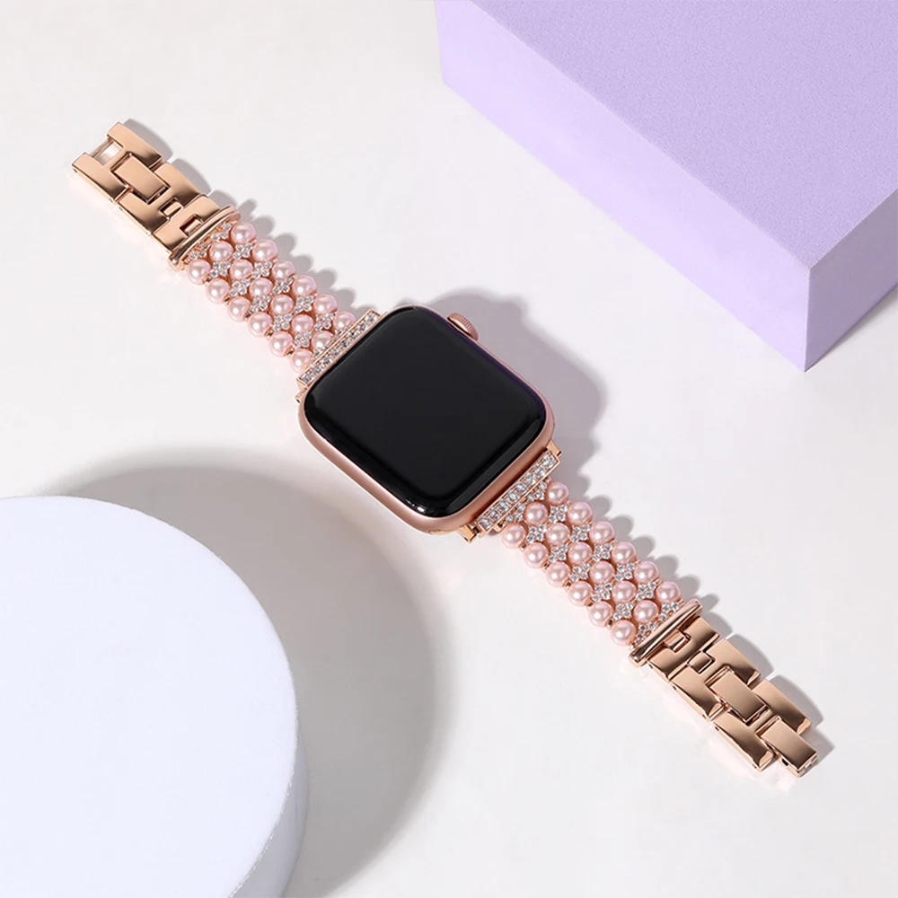 Pearl + Metal Strap for Apple Watch Band Ultra 87654SE Ladies Replacement Bracelet for iWatch 49mm 45mm 41mm 44mm 40mm 42mm 38mm