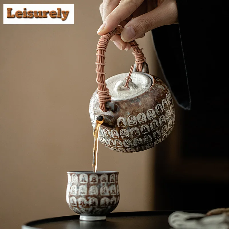 230ml Retro Old Rock Mud Teapot Gilded Silver Buddha Vine Weaving Lifting Beam Pot Tea Brewing Kettle Chinese Tea Set Collection