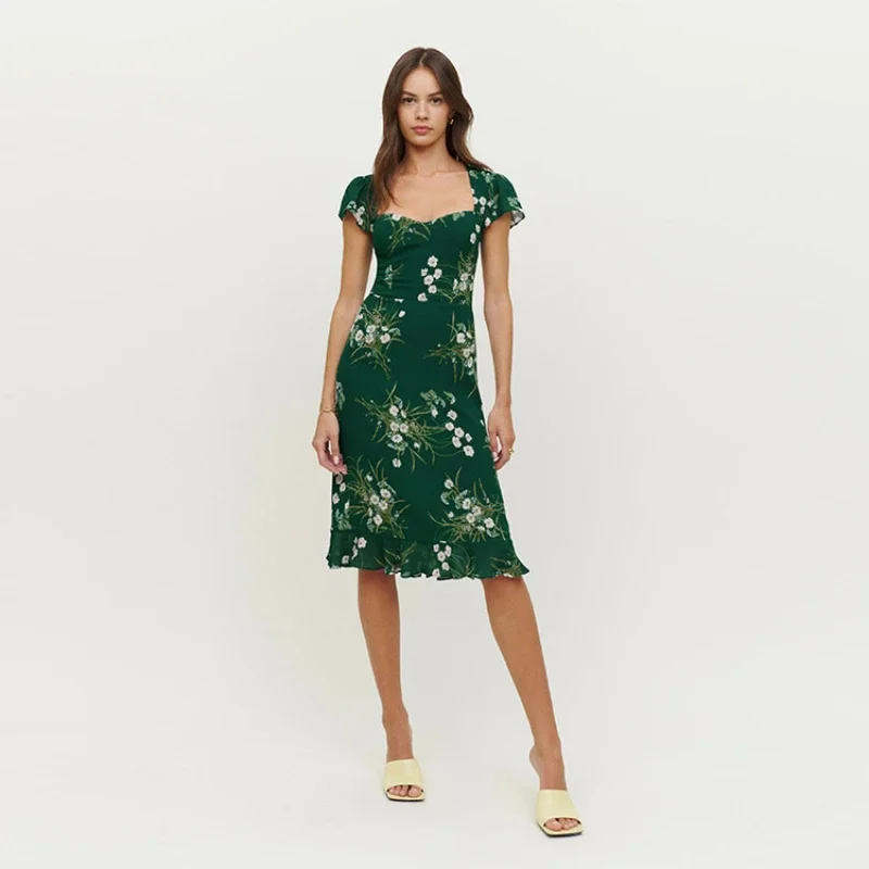 

2023 Summer New Sexy Square Collar Mid-length Women Slim Floral Dress