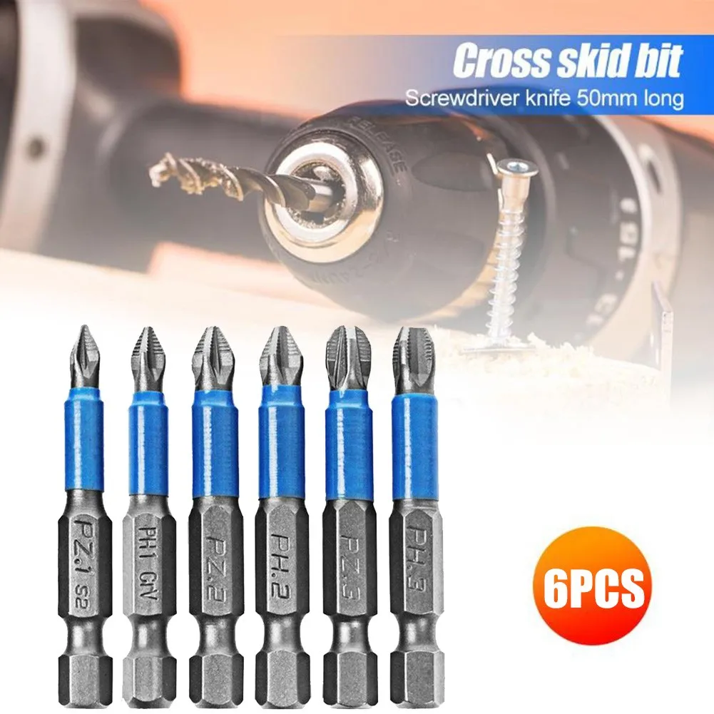 

6 PCS Set Hex Shanked-Phillips Bits 50mm Length Anti Slip Screwdriver Bit Magnetic Single Head PH1 PZ1 PH2 PZ2 PH3 PZ3 Hand Tool