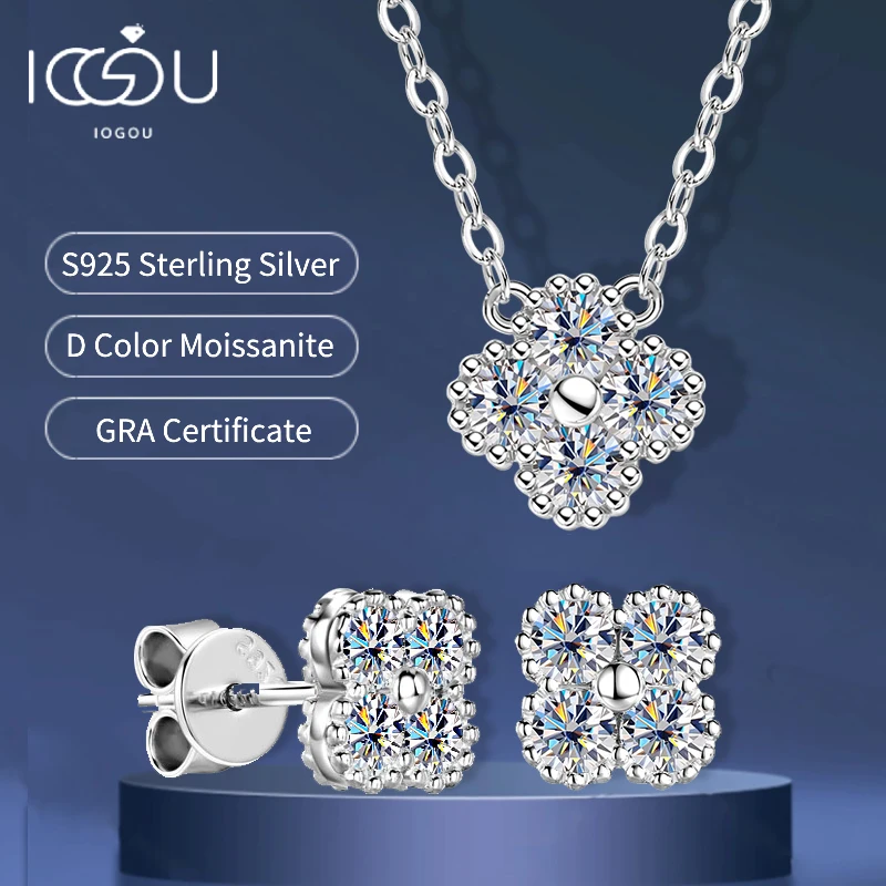 Moissanite 클로버 꽃 쥬얼리 세트 18k 골드 도금 S 3mm D Moissanite Lab 다이아몬드 목걸이 귀걸이 여성을위한 선물
