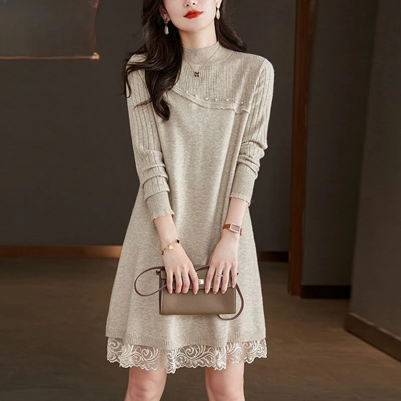 

Women's 2023 Autumn/Winter New Solid Color Knitted Dress Lace Spliced Half High Neck Mid Length Underlay B844