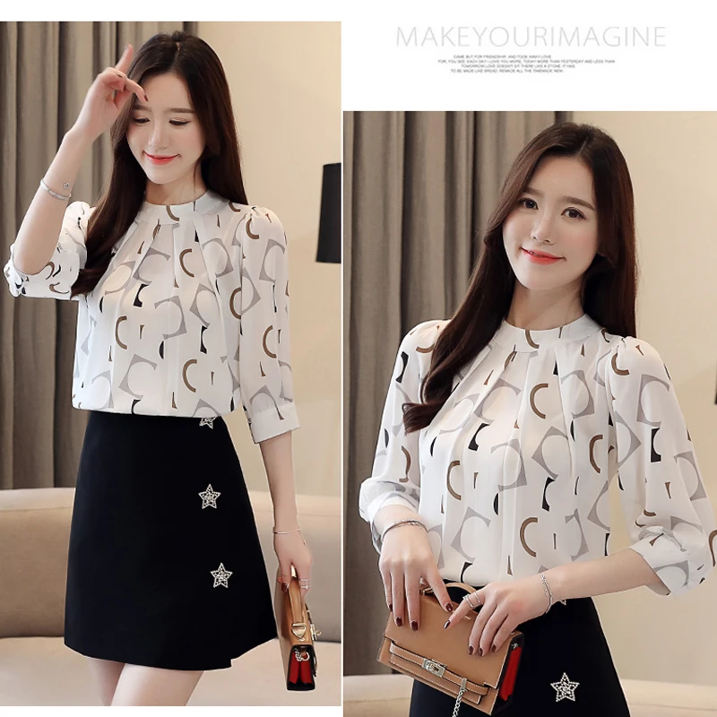 Women's Korean Summer Chiffon Blouse White Shirt Fashion Clothing Casual Blouses Office Shirts Ladies Tops 2480