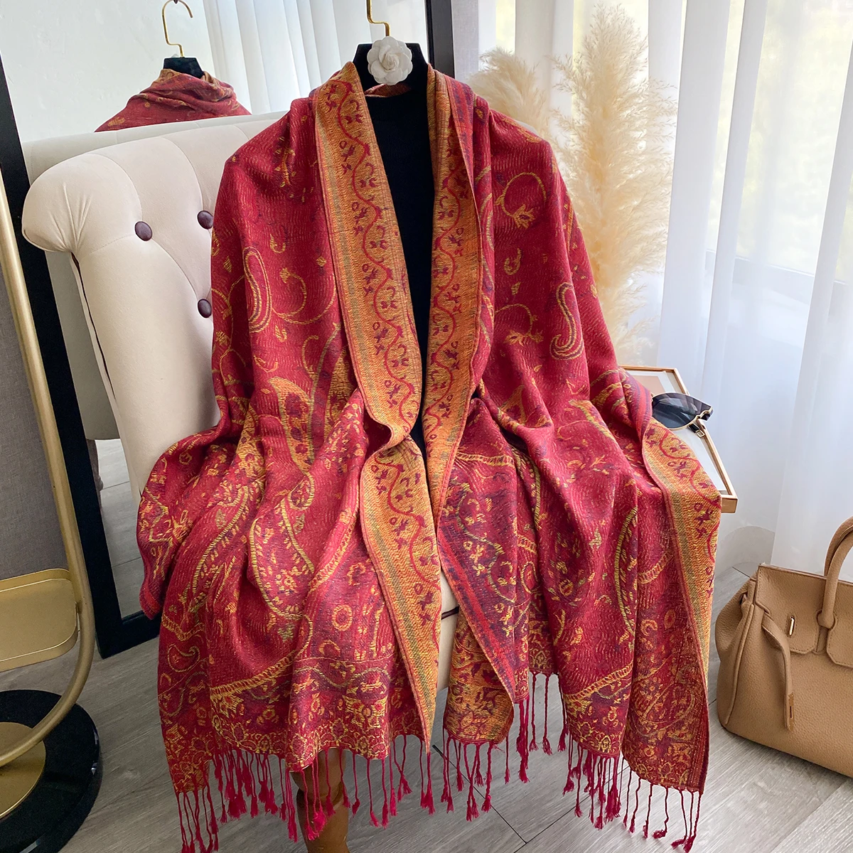 Luxury Winter Women's Cashmere Scarf - Printed Tasseled Embroidered Shawl, Warm Pareo Cape & Elegant Poncho