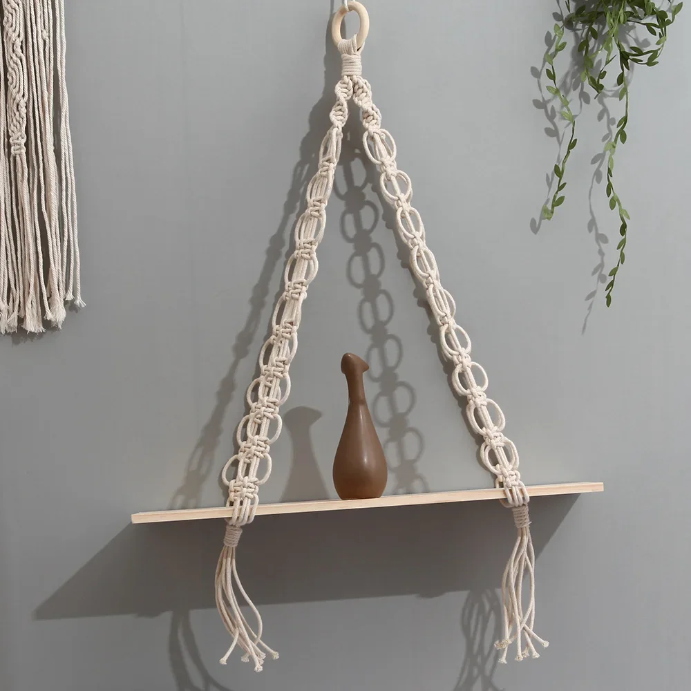

Hand-Woven Macrame Tapestries Rack Wooden Shelves For Wall Bohemian Decorative Shelves Wall Hanging Shelf