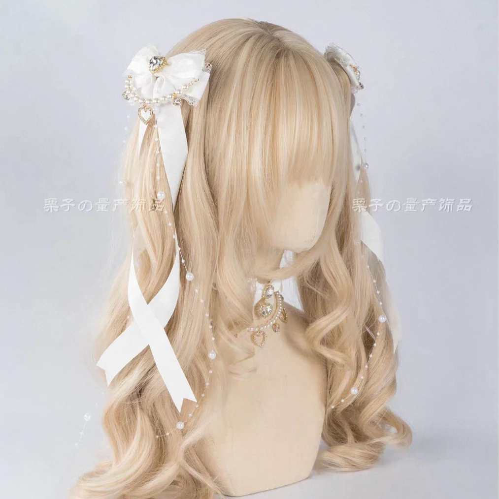 Lolita-Kopfschmuck, gekreuztes Band, Lolita-Haar-Accessoire, doppelter Pferdeschwanz, spirale Haarnadel, Perlenkette, Schleife, Lolita-Accessoires – Detail 3
