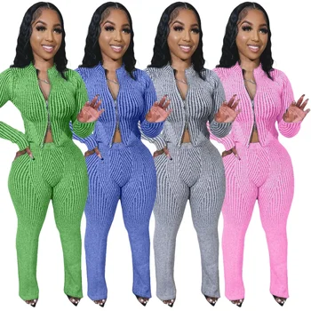 Pant Sets Two Piece Set Women Slim Fit Zipper Top Stand Collar Solid Sporty Casual Splice Pencil Pants Knit Sweater Suit