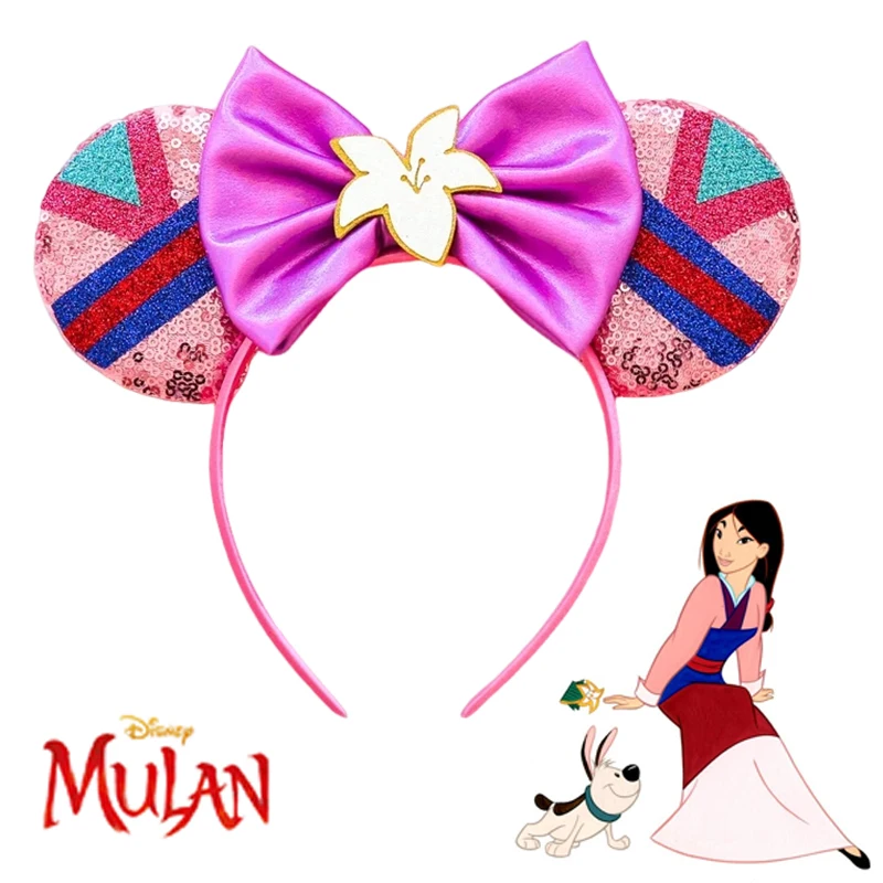 Disney Anime Mulan Headbands Girls Flower Sequins Bow Hair Accessories Women Cartoon Clothing Ears Hair Bands Kids Festival Gift